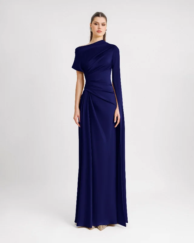 Asymmetrical Neckline Draped Navy Dress