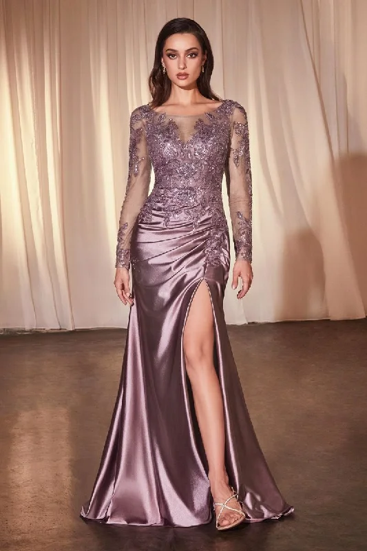Cinderella Divine S505 Fitted Long Sleeve Slit Formal Dress
