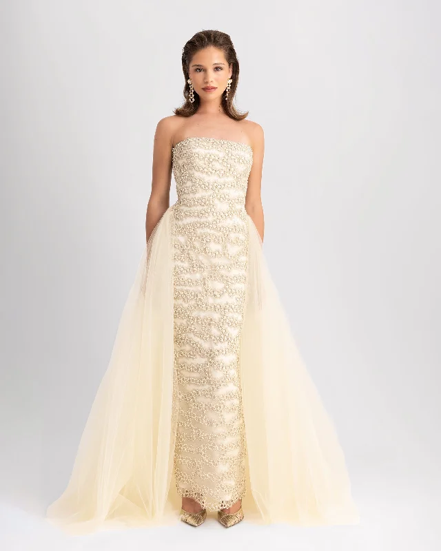 Fully Embroidered Dress With Tulle Tail