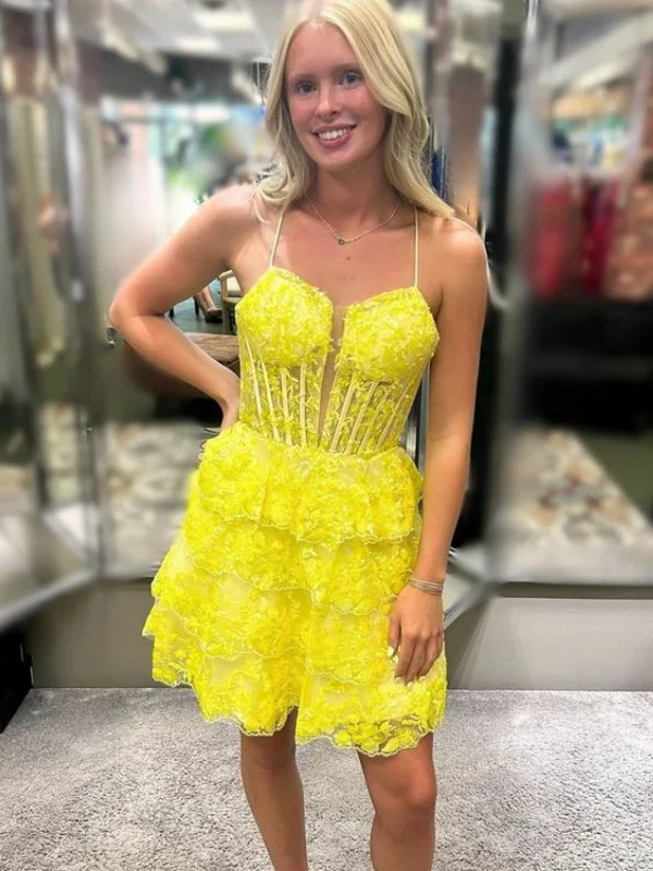 A Line V Neck Layered Yellow Lace Short Prom Dresses, Yellow Lace Homecoming Dresses, Yellow Formal Graduation Evening Dresses A Line V Neck Layered Yellow Lace Short Prom Dresses, Yellow Lace Homecoming Dresses, Yellow Formal Graduation Evening Dresses