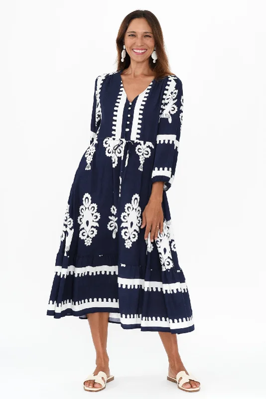 Java Navy Abstract Sleeved Dress