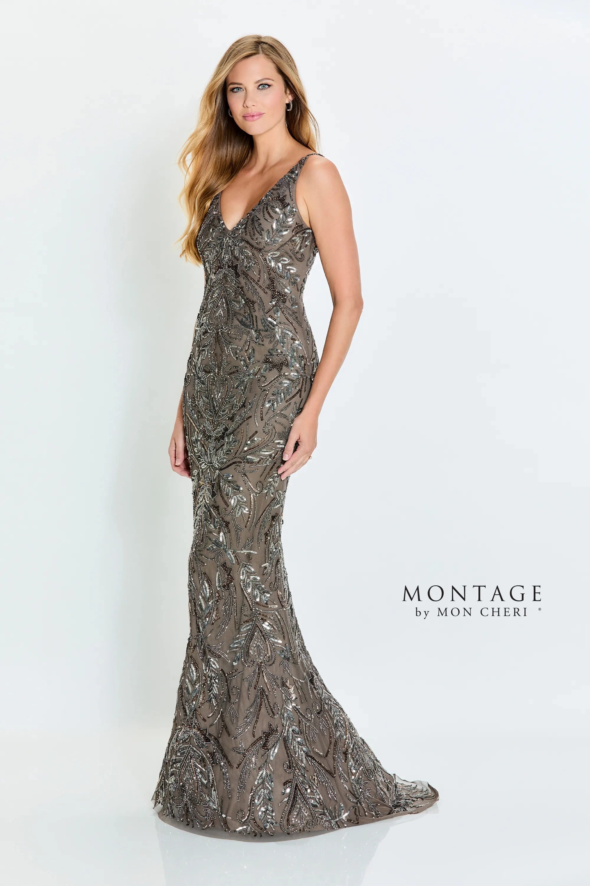 Montage M531 Beaded Sequin Long Formal Fitted Evening Dress