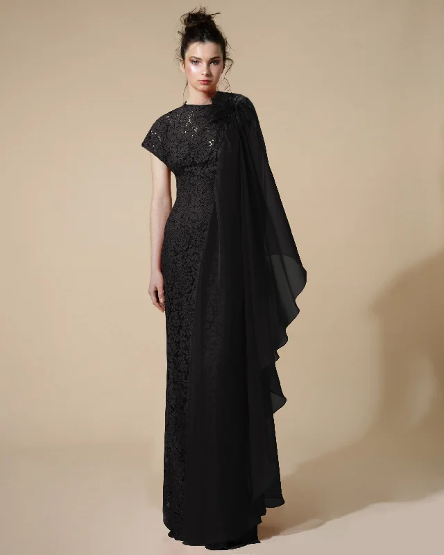 Feather and Chiffon Fitted Black Dress