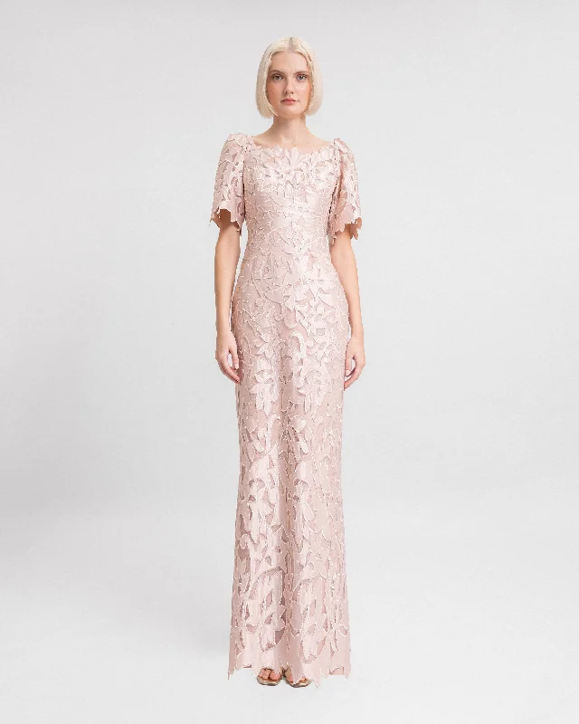 Embroidered Satin Long Dress