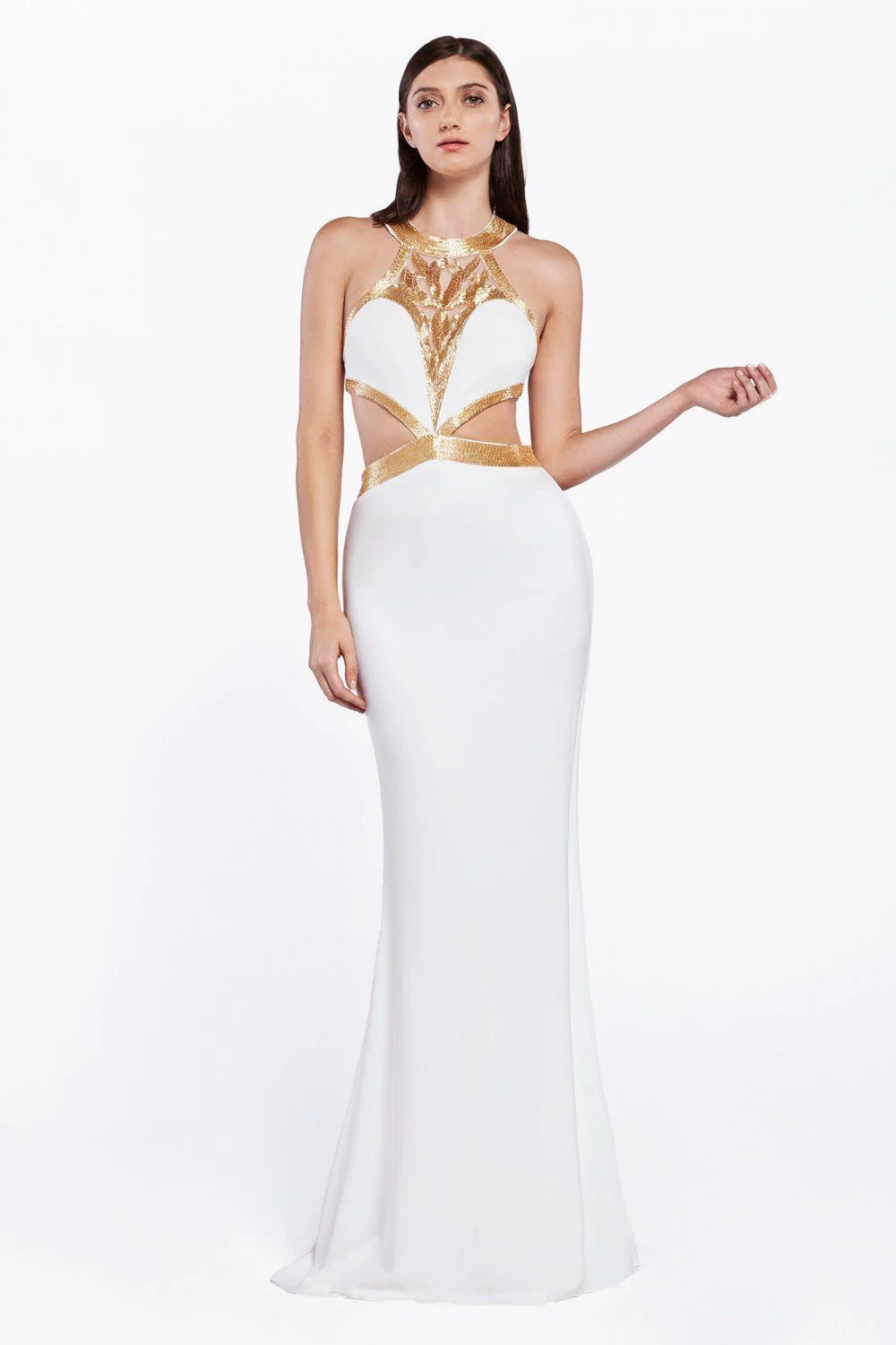 Ladivine J735 Size 4 White Liquid Beaded High Neck Jersey Formal Dress Cut Out Sides Evening Gown Ladivine J735 Size 4 White Liquid Beaded High Neck Jersey Formal Dress Cut Out Sides Evening Gown