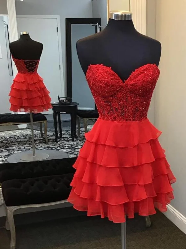 Sweetheart Neck Strapless Layered Red Lace Prom Dresses, Short Red Lace Homecoming Dresses, Red Formal Graduation Evening Dresses Sweetheart Neck Strapless Layered Red Lace Prom Dresses, Short Red Lace Homecoming Dresses, Red Formal Graduation Evening Dresses