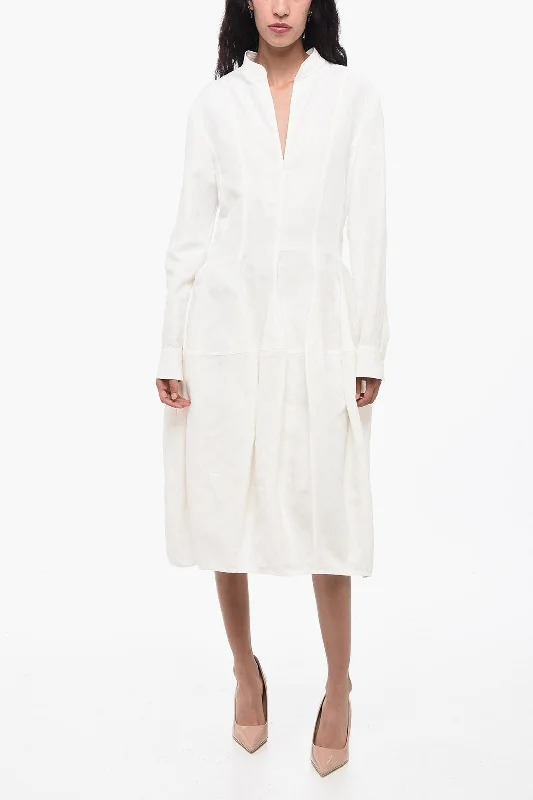 Bottega Veneta Linen Blend Ruffled Dress with V-neckline 40 Italian size