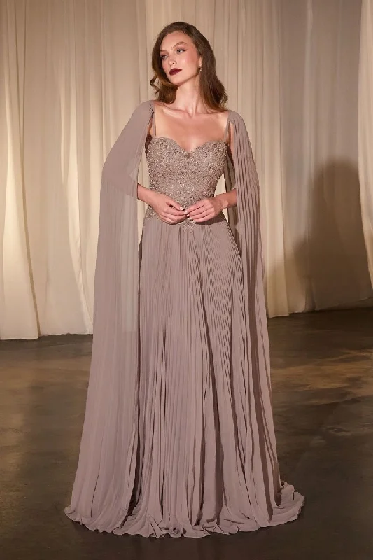 Cinderella Divine CJ937 Long Prom Formal Pleated Cape Dress