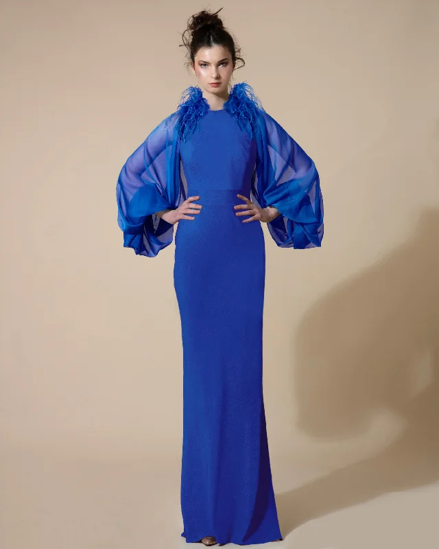 Feather Embellished Blue Fitted Dress