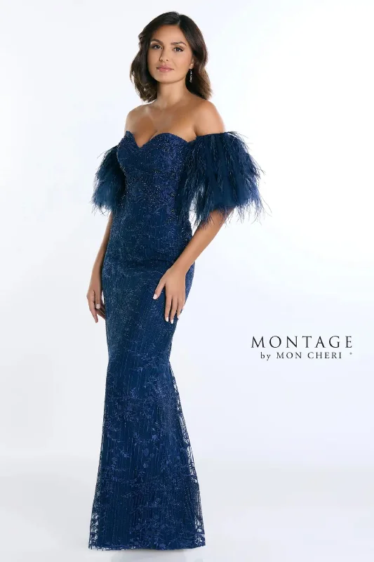 Montage M525 Fitted Long Formal Detachable Feather Sleeves Evening Dress