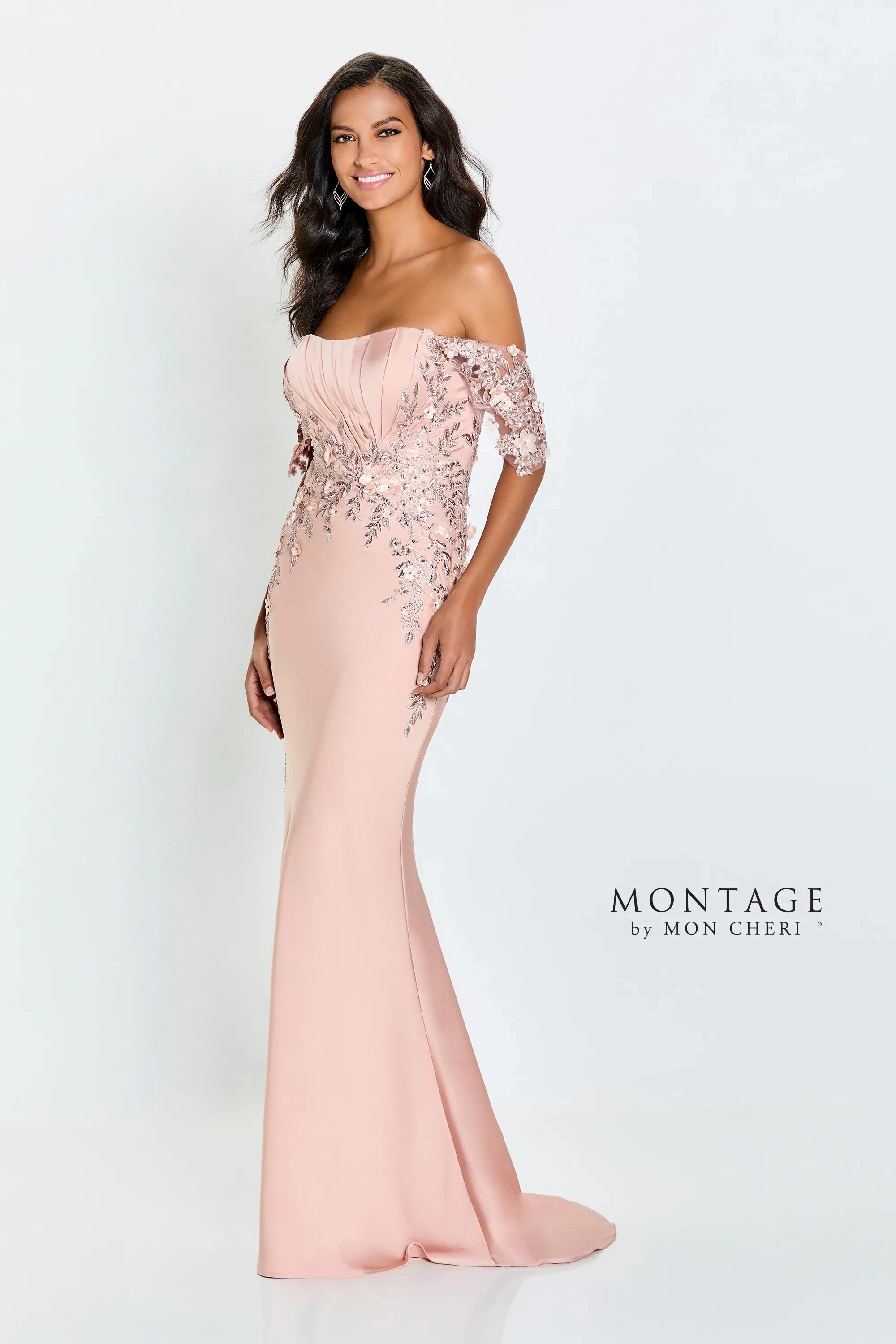 Montage M521 Beaded Long Formal 3D Floral Applique Evening Dress