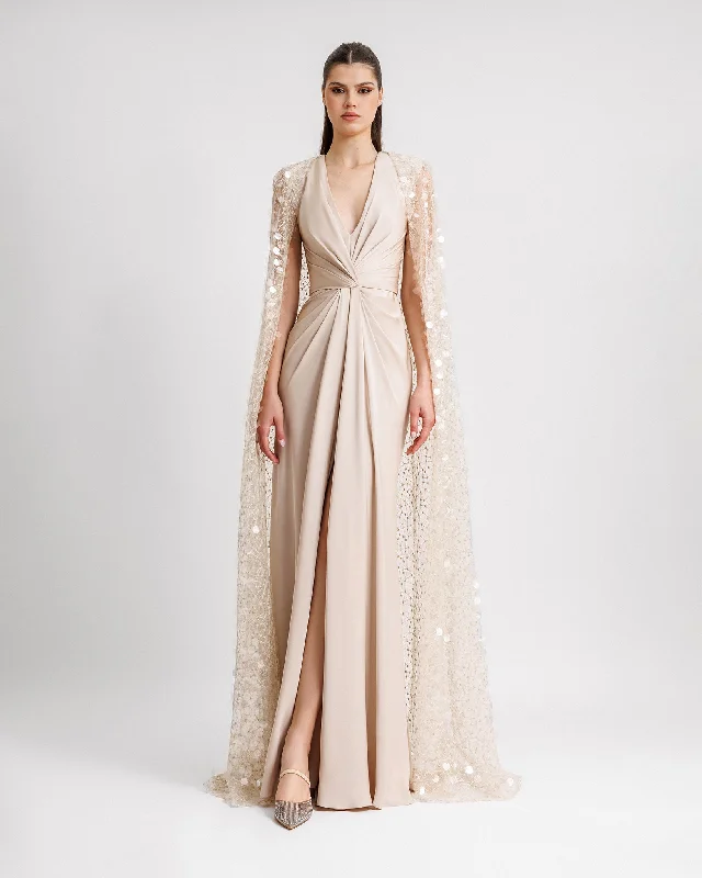 Draped Dress With Beaded Cape