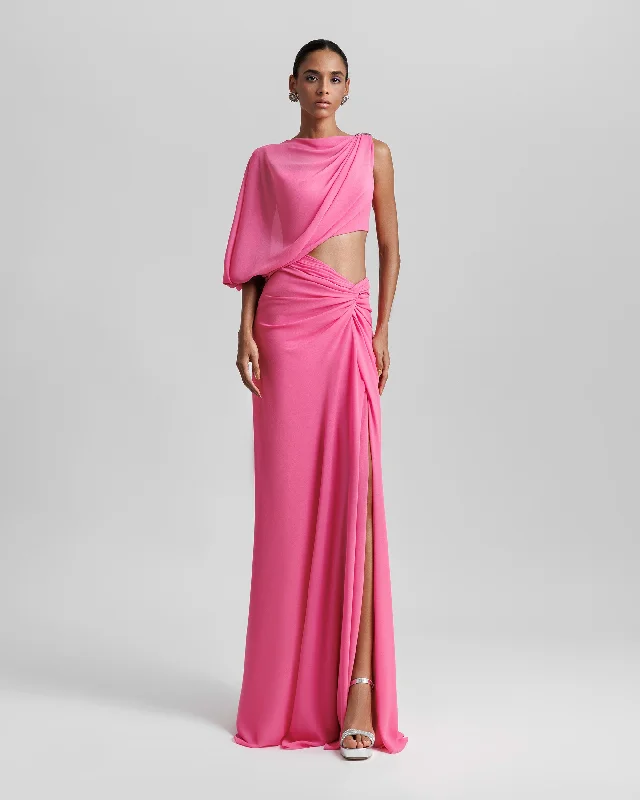 One Sleeve Candy Pink Long Dress