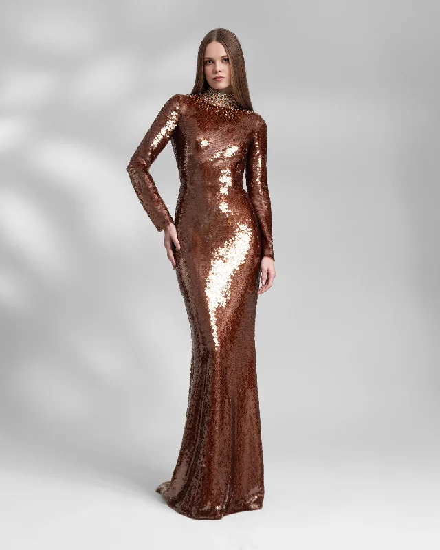 Long Fitted Sequins Coffee Dress