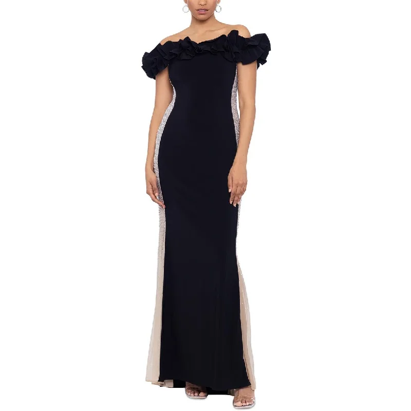 Womens Ruffled Off-The-Shoulder Evening Dress
