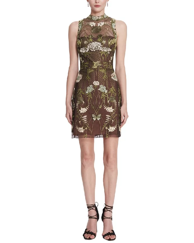 Marchesa Notte High-Neck Mirrored Embroidery Dress