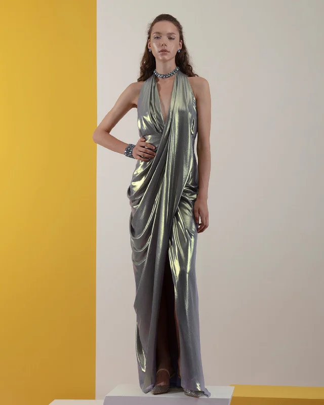 Long Grey Dress With Draped Details