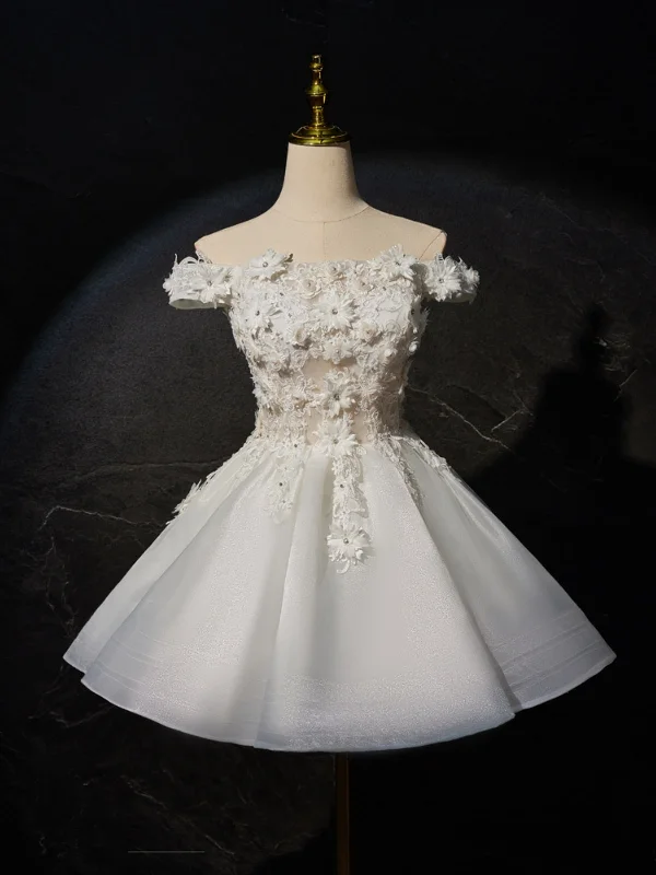 Off the Shoulder Short White Lace Prom Dresses, Short White Floral Formal Homecoming Dresses Off the Shoulder Short White Lace Prom Dresses, Short White Floral Formal Homecoming Dresses