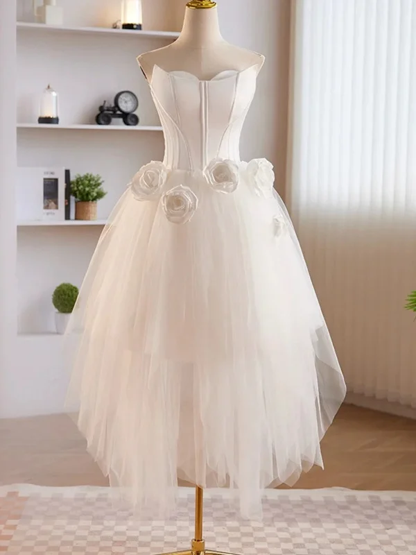 High Low Strapless White Prom Dresses with 3D Flowers, White Floral Homecoming Dresses, White Formal Evening Dresses High Low Strapless White Prom Dresses with 3D Flowers, White Floral Homecoming Dresses, White Formal Evening Dresses