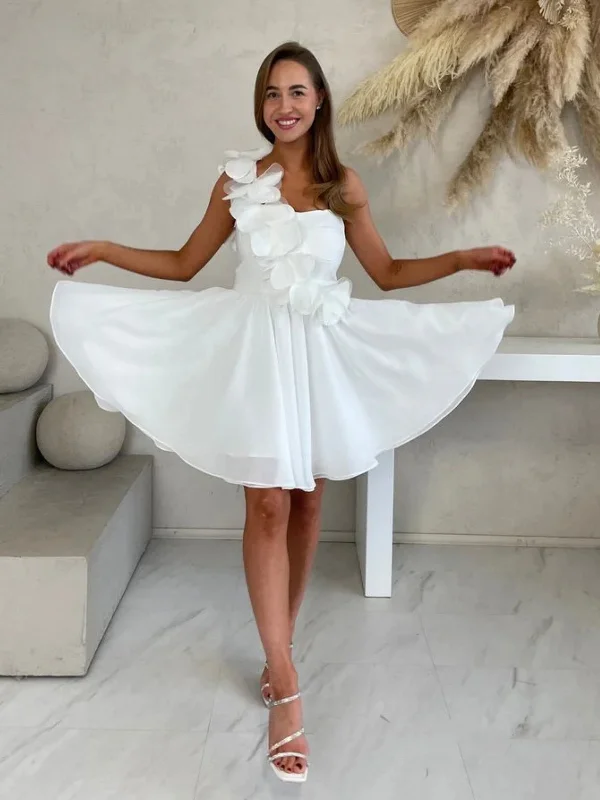 Simple One Shoulder Floral White Chiffon Short Prom Dresses, One Shoulder White Homecoming Dresses with 3D Flowers Simple One Shoulder Floral White Chiffon Short Prom Dresses, One Shoulder White Homecoming Dresses with 3D Flowers