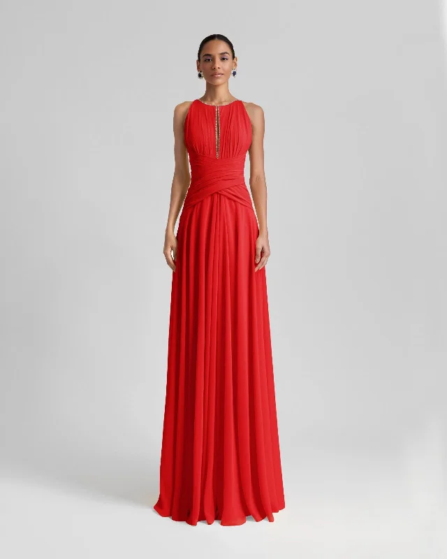 Long Red Dress With Drapings On The Waist
