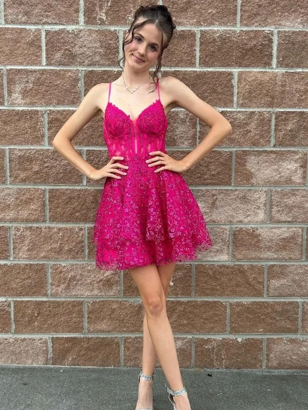 A Line V Neck Layered Fuchsia Lace Prom Dresses, Fuchsia Lace Homecoming Dresses, Short Fuchsia Formal Evening Dresses A Line V Neck Layered Fuchsia Lace Prom Dresses, Fuchsia Lace Homecoming Dresses, Short Fuchsia Formal Evening Dresses