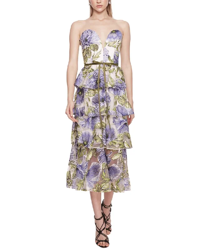 Marchesa Notte Embroidery On Tulle Printed Dress