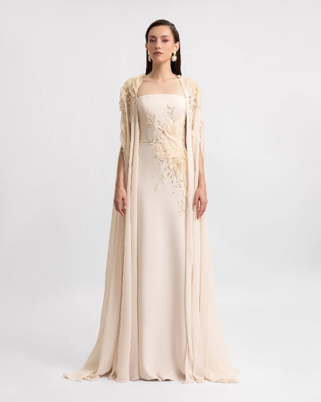 Slim-Cut Dress With Floral Details and Cape