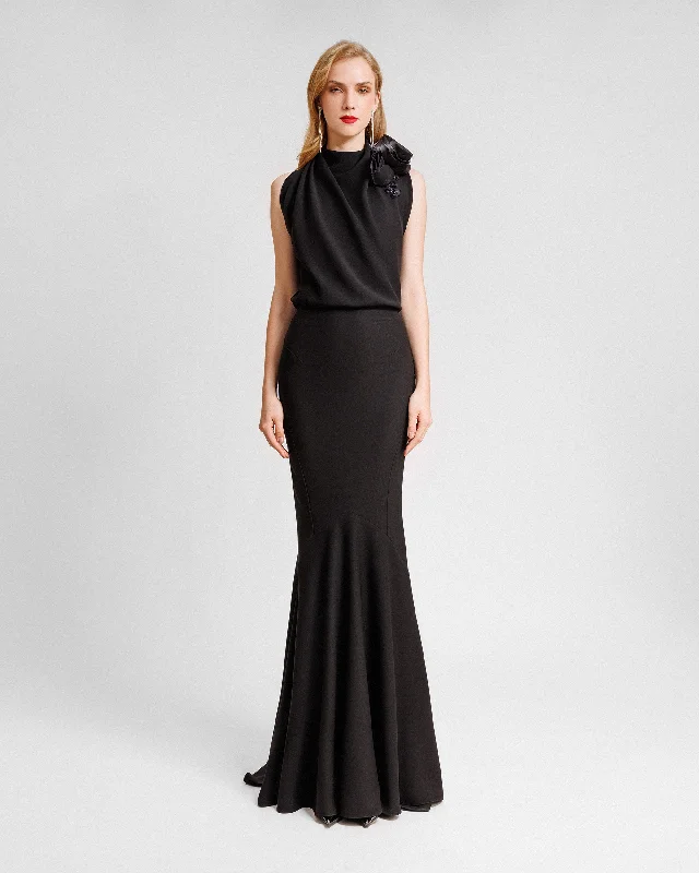 Long Crepe Dress With Floral Draping