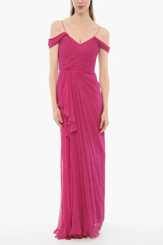 Costarellos Long Silk Chiffon Dress with Gatherings 40 Italian size