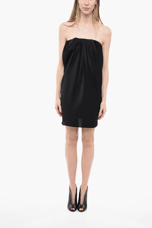 Saint Laurent Pleated Design Satin Sheath Dress 44 Italian size