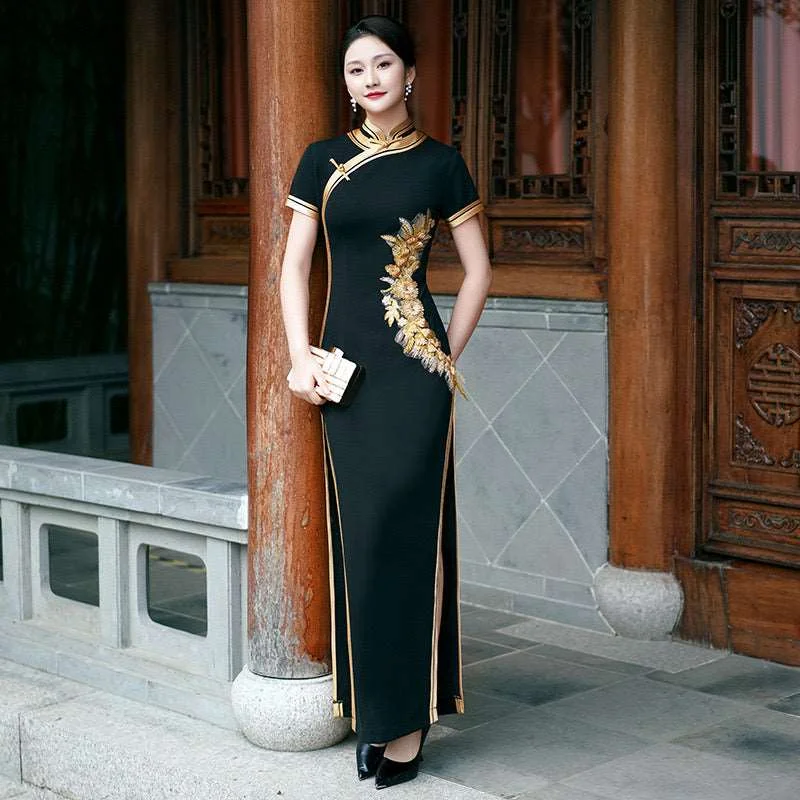 Custom make available, Traditional Chinese dress, embroidered Cheongsam, Chinese qipao, black gold color wedding qipao, minimalist design Custom make available, Traditional Chinese dress, embroidered Cheongsam, Chinese qipao, black gold color wedding qipao, minimalist design