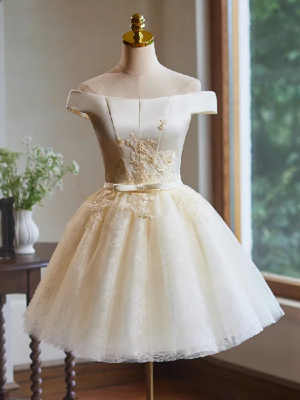 A-Line Off Shoulder Tulle Lace Short Champagne Prom Dress, Champagne Homecoming Dress A-Line Off Shoulder Tulle Lace Short Champagne Prom Dress, Champagne Homecoming Dress