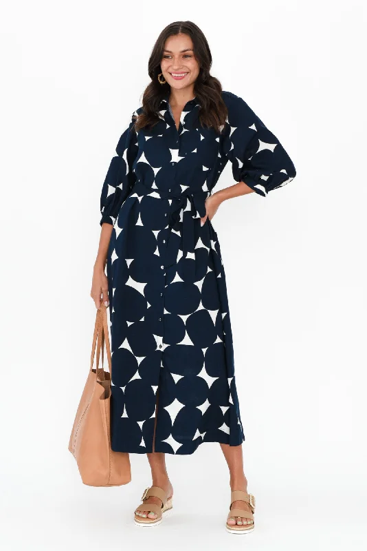 Demi Navy Spot Linen Blend Tie Dress