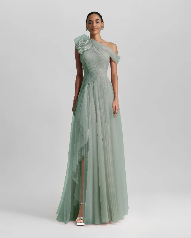 Mint Long Dress With Flower Design