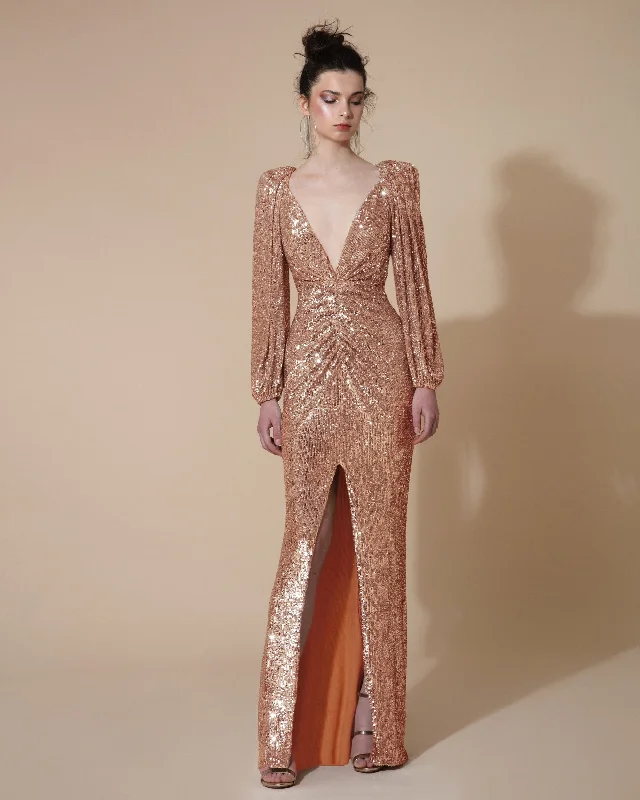 Deep V-Neckline Long Copper Dress