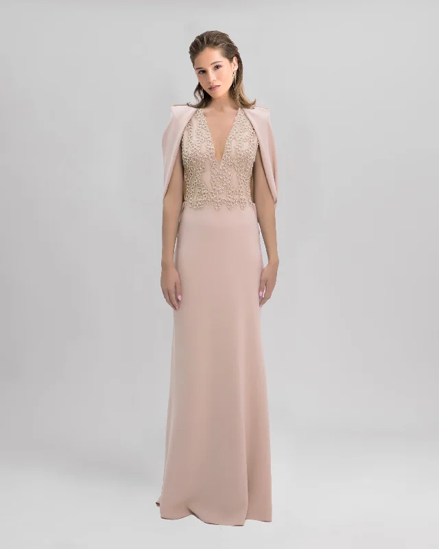 Slim-Cut Nude Dress With Cape Like Sleeves