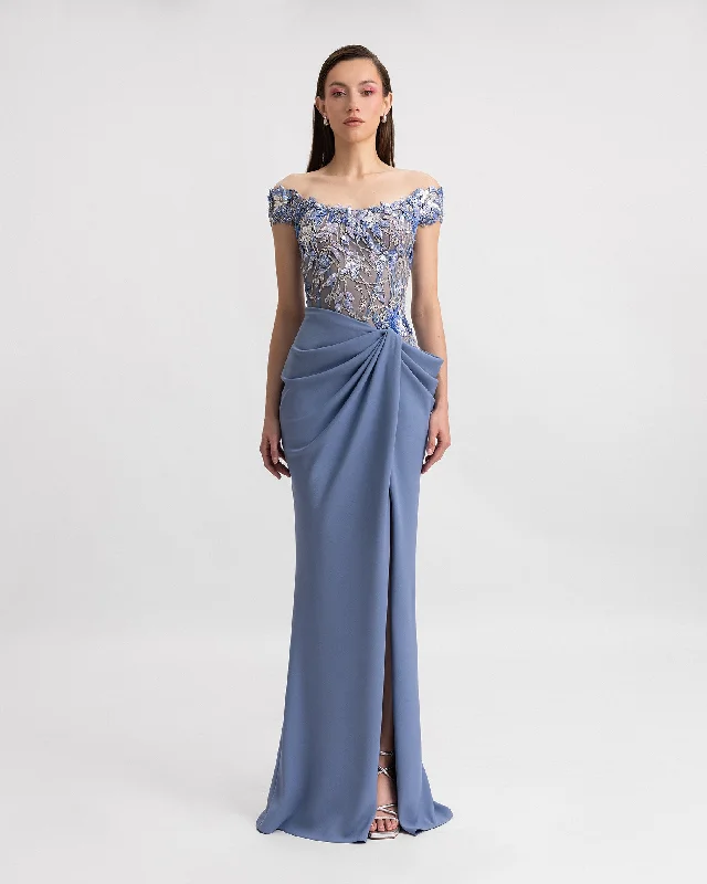 Beaded Corset Dress with Draped Skirt