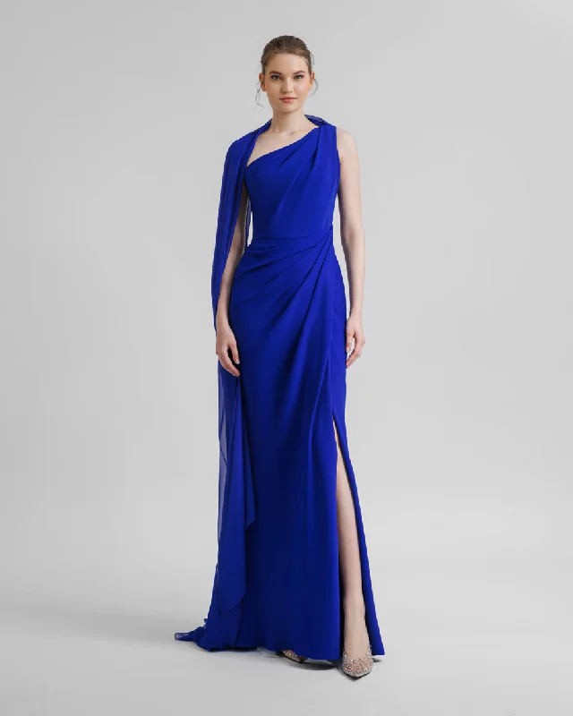 Asymmetrical Draping Blue Crepe Dress