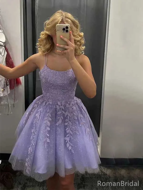 Elegant Purple Spaghetti Strap Sleeveless A-line Lace Tulle Homecoming Dresses For Party Online, HD1090 Elegant Purple Spaghetti Strap Sleeveless A-line Lace Tulle Homecoming Dresses For Party Online, HD1090