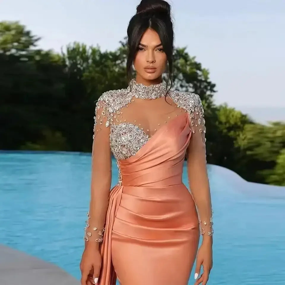 Dubai Sexy Mermaid Beading Evening Dresses High Neck Saudi Arabia Women Long Sleeve Customized Prom Gowns Dubai Sexy Mermaid Beading Evening Dresses High Neck Saudi Arabia Women Long Sleeve Customized Prom Gowns