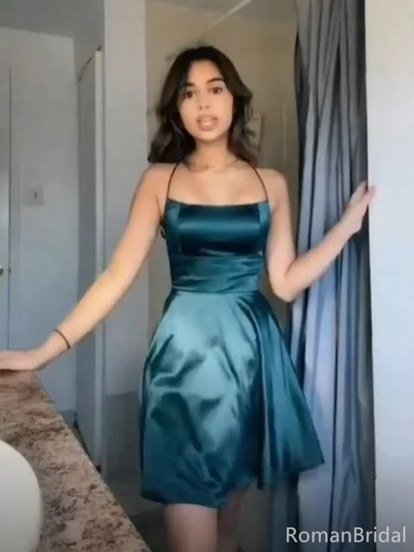 Sexy Spaghetti Strap Sleeveless A-line Satin Short Homecoming Dresses For Party Online, HD1047 Sexy Spaghetti Strap Sleeveless A-line Satin Short Homecoming Dresses For Party Online, HD1047