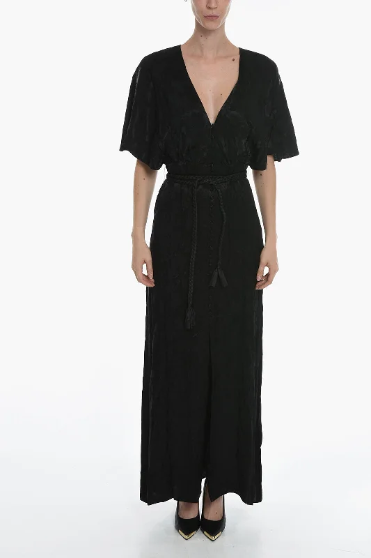 Alice + Olivia Jacquard Satin Floral Patterned Dress with Covered Buttons