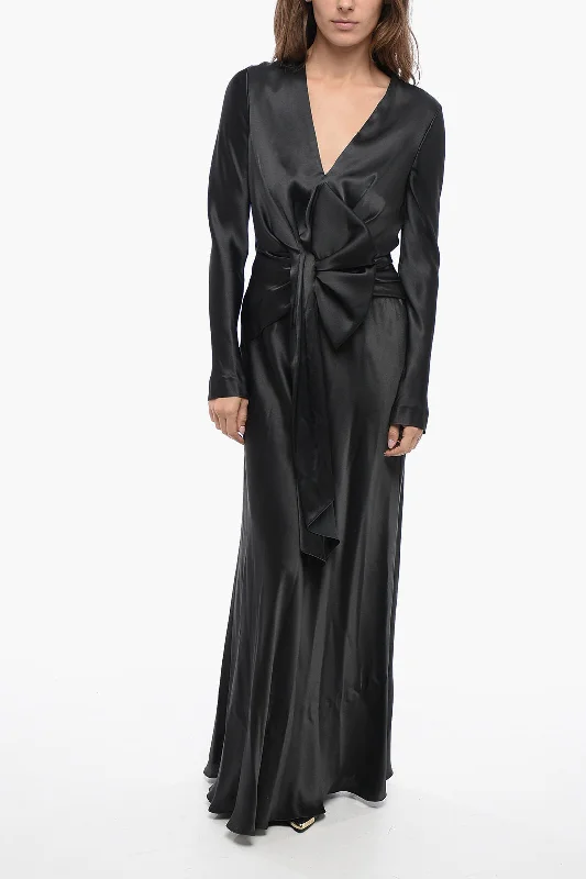 Alberta Ferretti Satin V Neckline Dress with Gathered Detailing