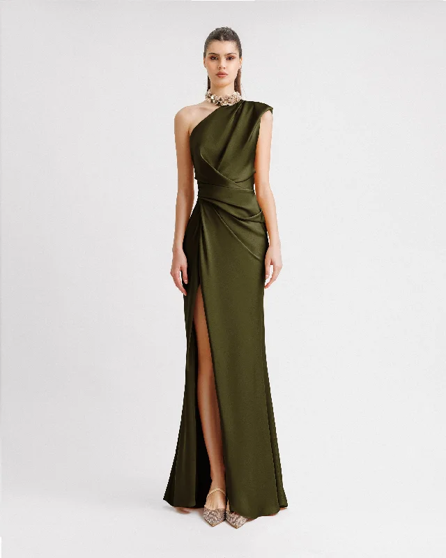 One-Shoulder Draped Olive Dress