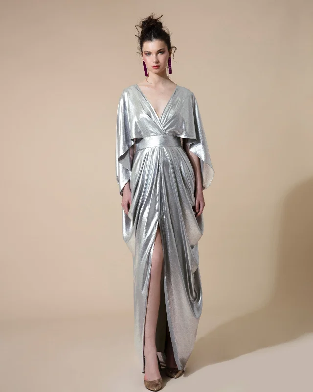 Cape-Like Long Draped Silver Dress