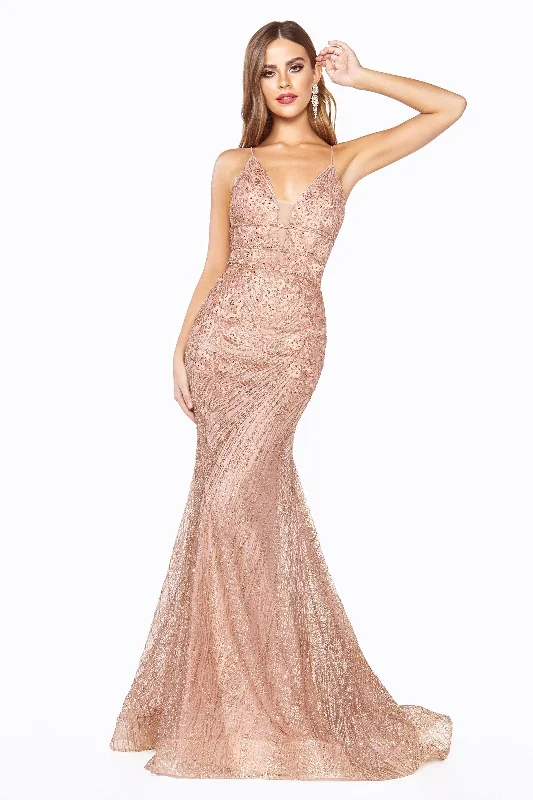 Cinderella Divine J8754 Long Spaghetti Strap Glitter Mermaid Prom Dress
