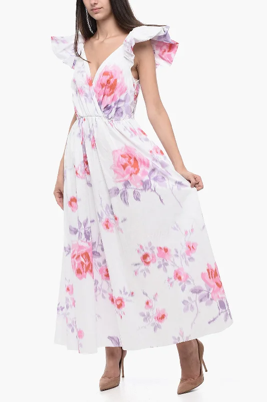 Philosophy di Lorenzo Serafini Floral V-neckline Dress with Puffed Sleeves
