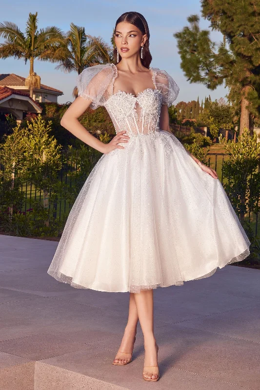 Ladivine CD0187W Short Tea Length Shimmer White Dress Sheer Corset Puff Sleeve Wedding