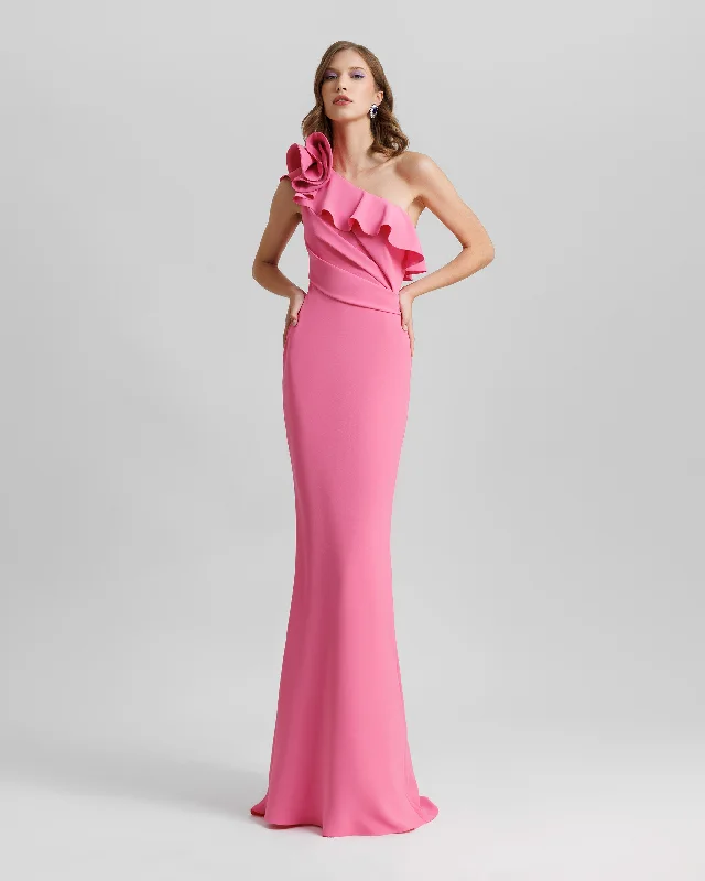 One-Shoulder Ruffled Neckline Candy Pink Dress